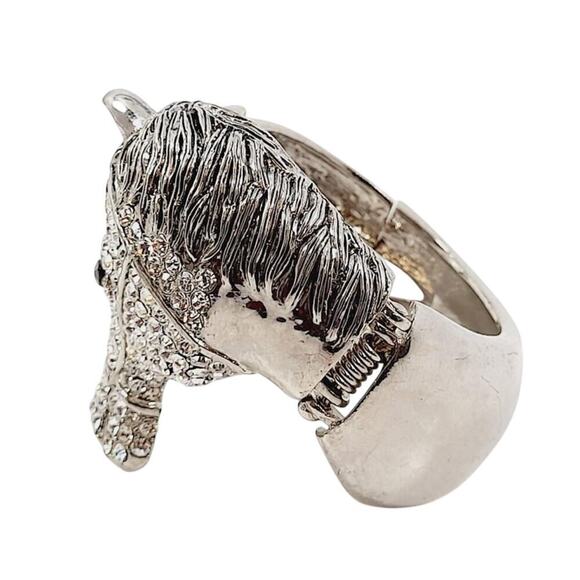 Western Rhinestone Horse & Horseshoe Cuff Bracelet Silvertone 7” - Picture 4 of 6